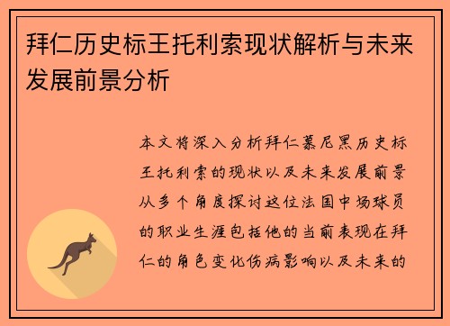 拜仁历史标王托利索现状解析与未来发展前景分析