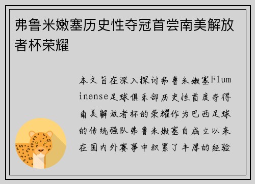 弗鲁米嫩塞历史性夺冠首尝南美解放者杯荣耀