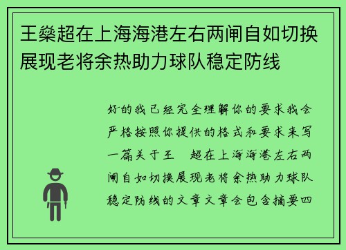 王燊超在上海海港左右两闸自如切换展现老将余热助力球队稳定防线
