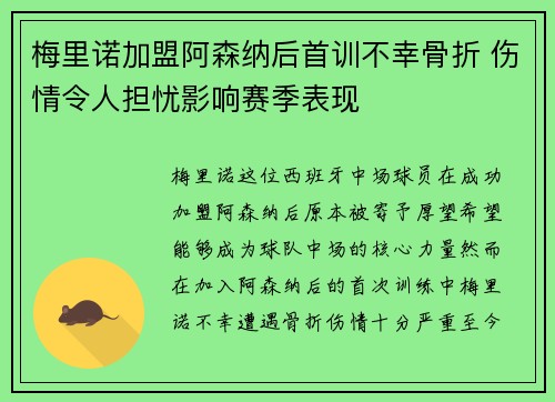 梅里诺加盟阿森纳后首训不幸骨折 伤情令人担忧影响赛季表现